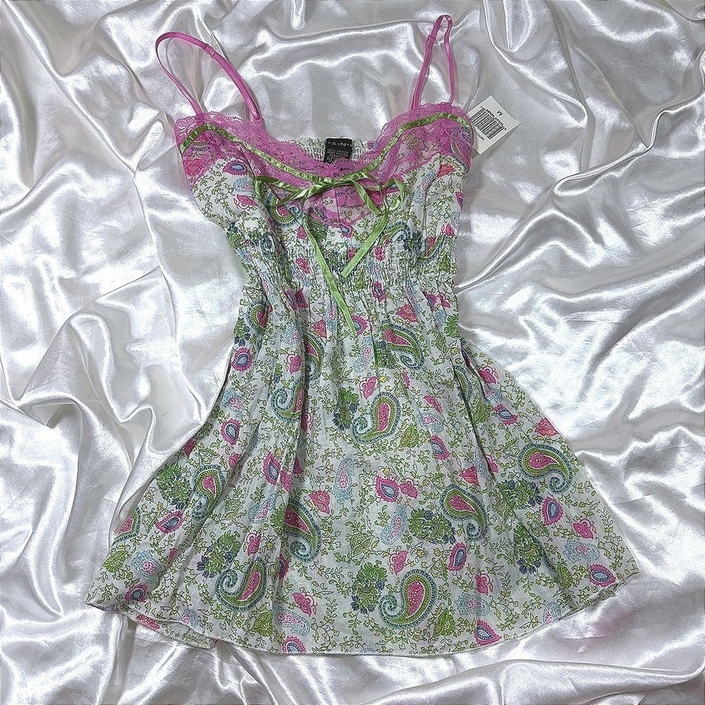 y2k Babydoll Top White NWT Paisley Lace Trim Smocked Empire Waist